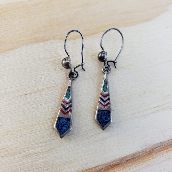 Sterling Silver Inlay Earrings Mexico - Picture 1 of 4